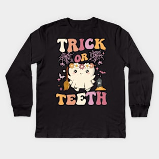 Trick Or Teeth Ghost Groovy Dental Halloween Treat Dentist Kids Long Sleeve T-Shirt